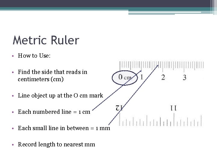 Metric Ruler • How to Use: • Find the side that reads in centimeters