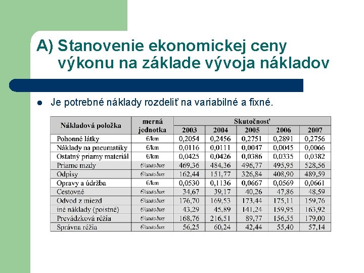 A) Stanovenie ekonomickej ceny výkonu na základe vývoja nákladov l Je potrebné náklady rozdeliť