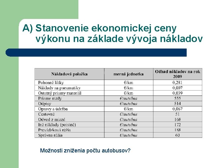 A) Stanovenie ekonomickej ceny výkonu na základe vývoja nákladov Možnosti zníženia počtu autobusov? 