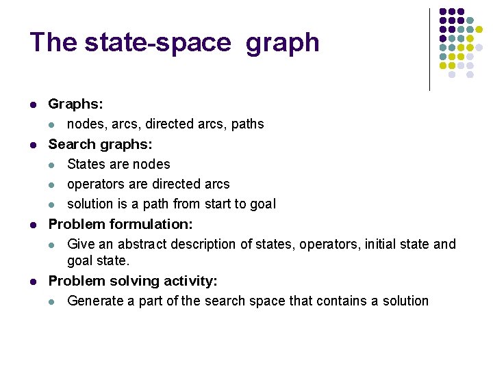 The state-space graph l l Graphs: l nodes, arcs, directed arcs, paths Search graphs: