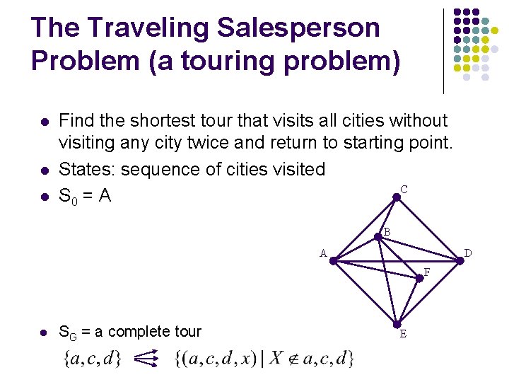 The Traveling Salesperson Problem (a touring problem) l l l Find the shortest tour