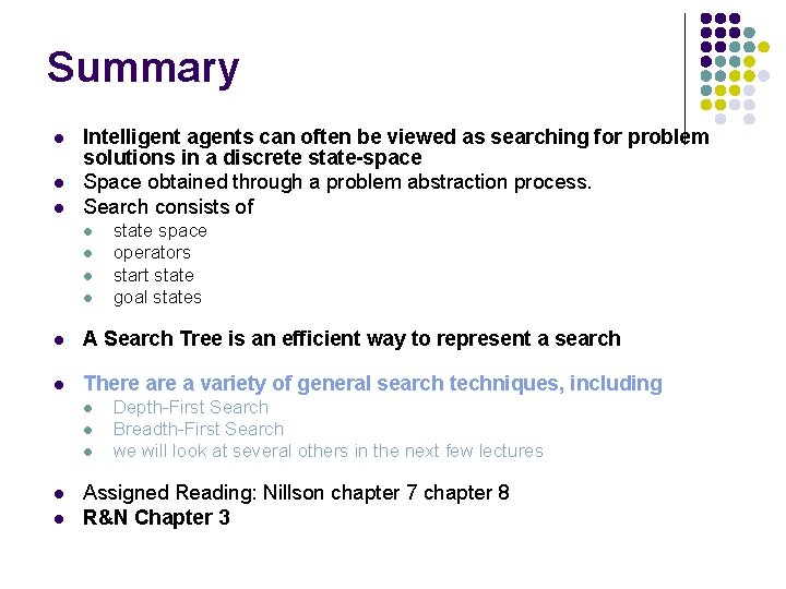 Summary l l l Intelligent agents can often be viewed as searching for problem