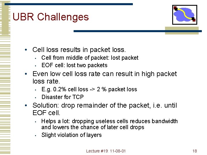 UBR Challenges • Cell loss results in packet loss. • • Cell from middle