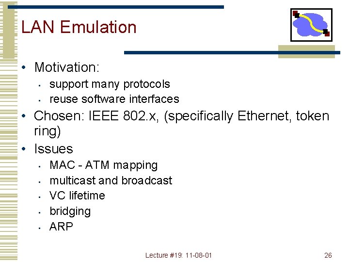 LAN Emulation • Motivation: • • support many protocols reuse software interfaces • Chosen:
