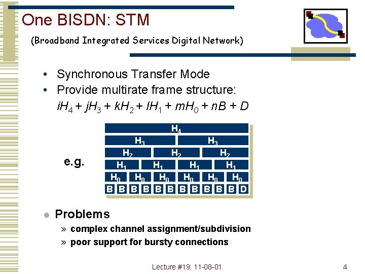 One BISDN: STM (Broadband Integrated Services Digital Network) • Synchronous Transfer Mode • Provide