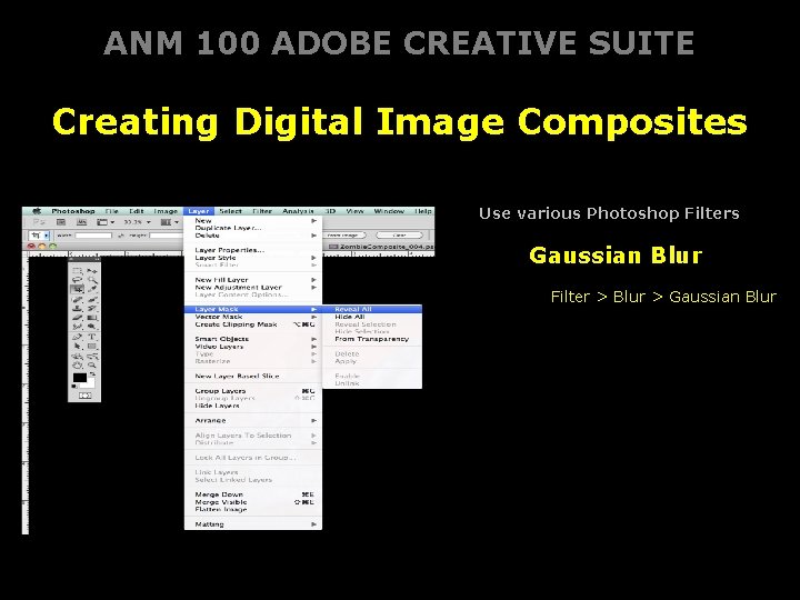 ANM 100 ADOBE CREATIVE SUITE Creating Digital Image Composites Use various Photoshop Filters Gaussian
