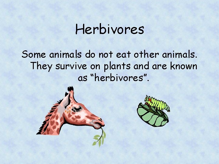 Herbivores Some animals do not eat other animals. They survive on plants and are