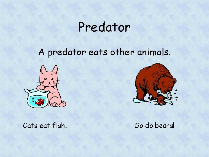 Predator A predator eats other animals. Cats eat fish. So do bears! 