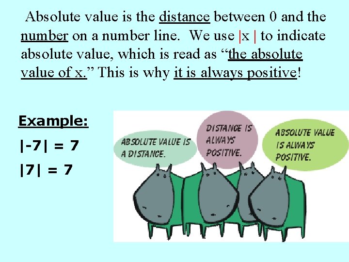 Absolute value is the distance between 0 and the number on a number line.