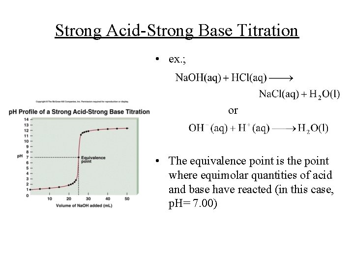 Strong Acid-Strong Base Titration • ex. ; or • The equivalence point is the