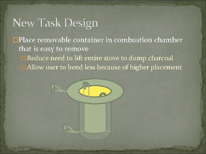 New Task Design �Place removable container in combustion chamber that is easy to remove