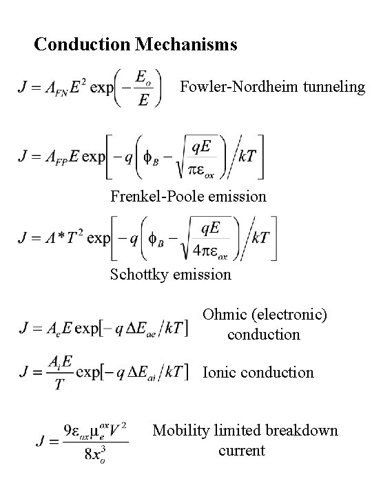 Conduction Mechanisms Fowler-Nordheim tunneling Frenkel-Poole emission Schottky emission Ohmic (electronic) conduction Ionic conduction Mobility