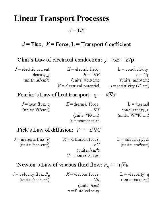 Linear Transport Processes J = LX J = Flux, X = Force, L =