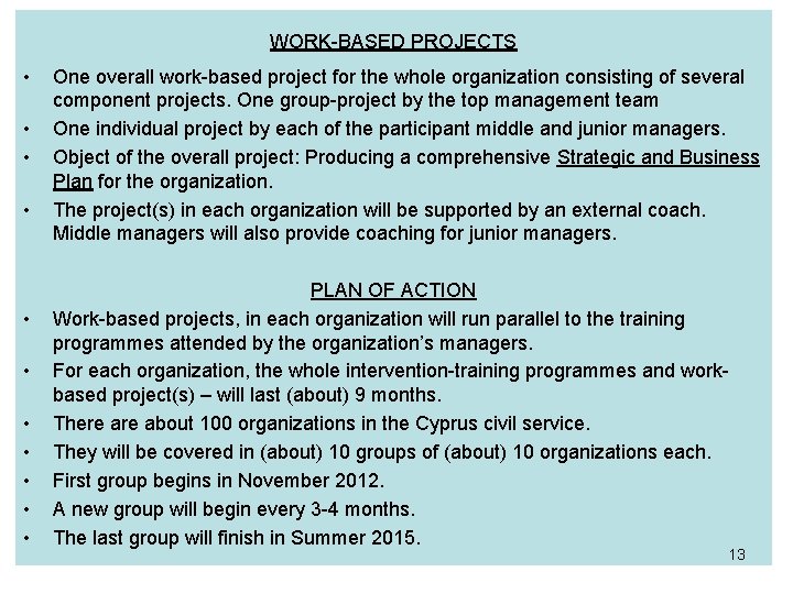 WORK-BASED PROJECTS • • • One overall work-based project for the whole organization consisting