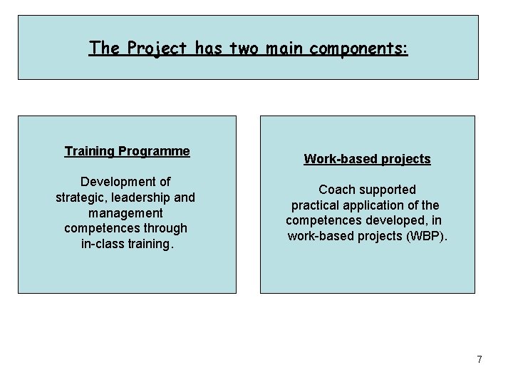 The Project has two main components: Training Programme Development of strategic, leadership and management