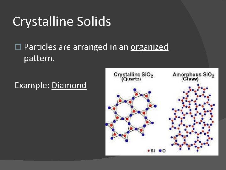 Crystalline Solids � Particles are arranged in an organized pattern. Example: Diamond 