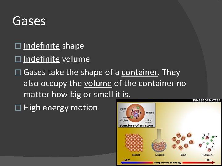 Gases � Indefinite shape � Indefinite volume � Gases take the shape of a