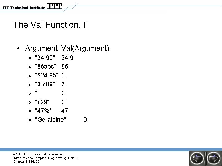 The Val Function, II • Argument Val(Argument) Ø Ø Ø Ø "34. 90" 34.