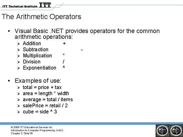 The Arithmetic Operators • Visual Basic. NET provides operators for the common arithmetic operations: