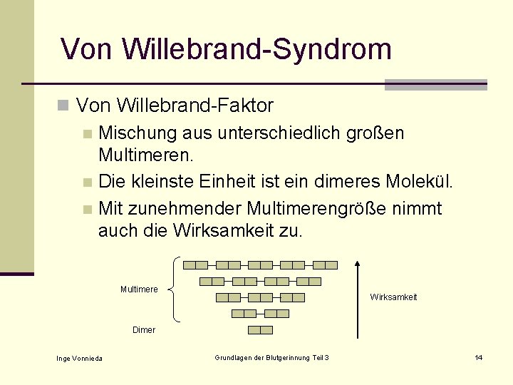 Von Willebrand-Syndrom n Von Willebrand-Faktor n Mischung aus unterschiedlich großen Multimeren. n Die kleinste