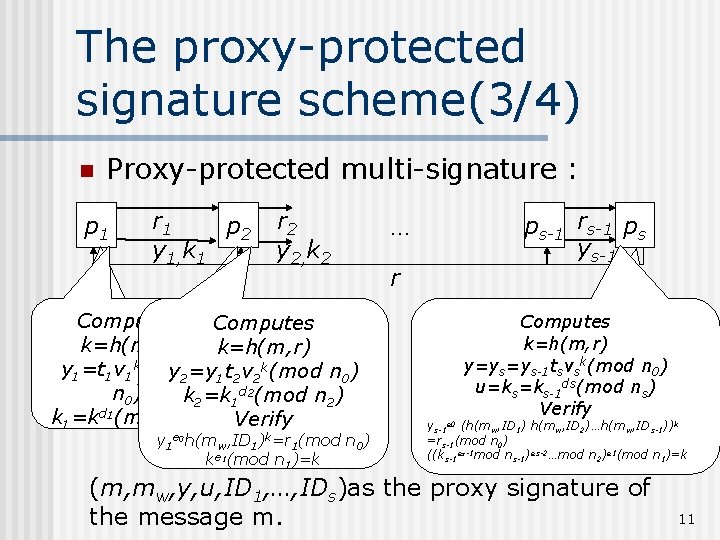 The proxy-protected signature scheme(3/4) n Proxy-protected multi-signature : p 1 r 1 p 2