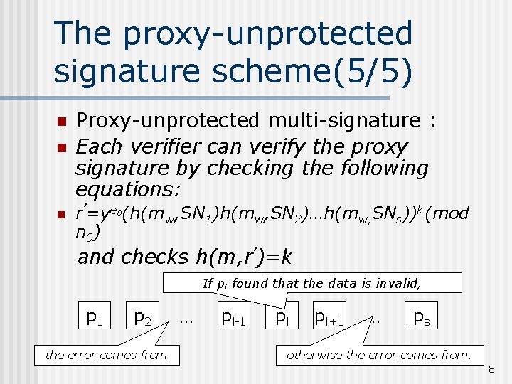 The proxy-unprotected signature scheme(5/5) n n n Proxy-unprotected multi-signature : Each verifier can verify