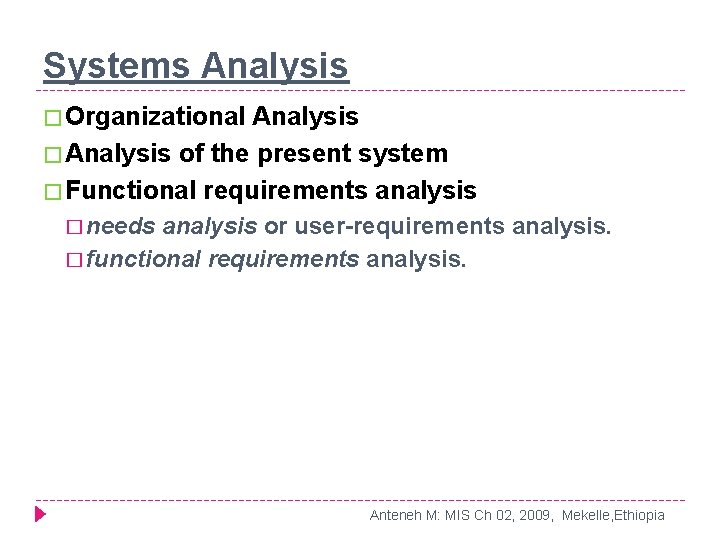 Systems Analysis � Organizational Analysis � Analysis of the present system � Functional requirements Systems Analysis � Organizational Analysis � Analysis of the present system � Functional requirements