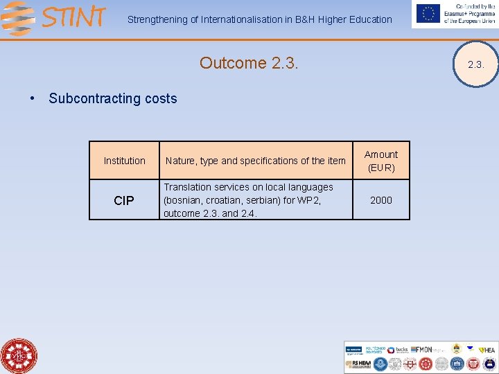 Strengthening of Internationalisation in B&H Higher Education Outcome 2. 3. • Subcontracting costs Institution