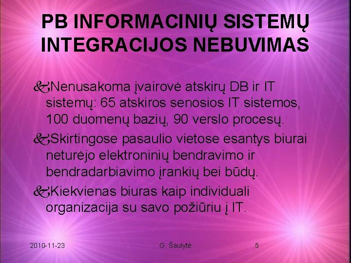 PB INFORMACINIŲ SISTEMŲ INTEGRACIJOS NEBUVIMAS k. Nenusakoma įvairovė atskirų DB ir IT sistemų: 65