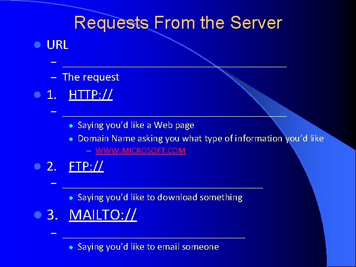 Requests From the Server l URL – ___________________ – The request l 1. HTTP: Requests From the Server l URL – ___________________ – The request l 1. HTTP: