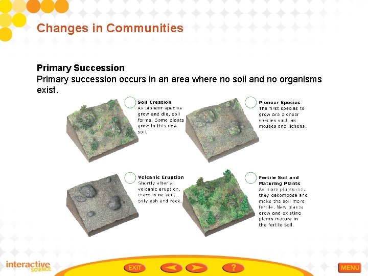 Changes in Communities Primary Succession Primary succession occurs in an area where no soil