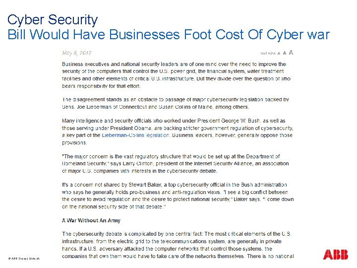 Cyber Security Bill Would Have Businesses Foot Cost Of Cyber war © ABB Group