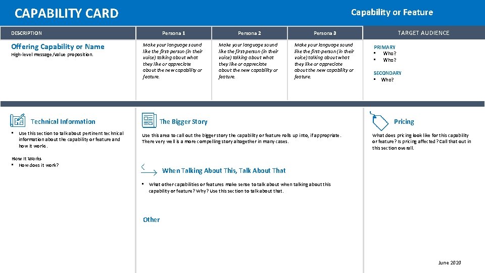 CAPABILITY CARD Capability or Feature DESCRIPTION Offering Capability or Name High-level message/value proposition. Technical