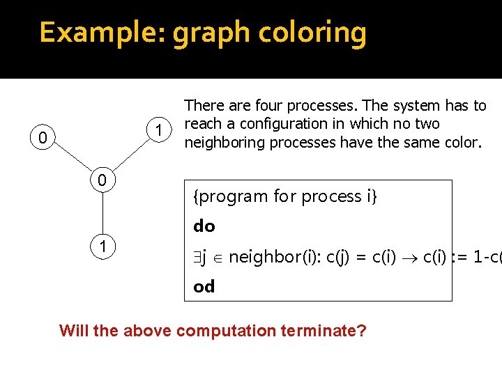 Example: graph coloring 1 0 0 There are four processes. The system has to