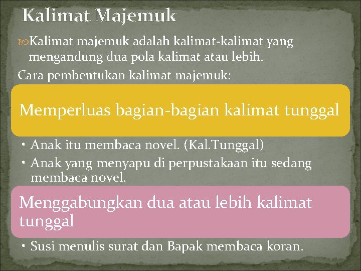 Kalimat Majemuk Kalimat majemuk adalah kalimat-kalimat yang mengandung dua pola kalimat atau lebih. Cara