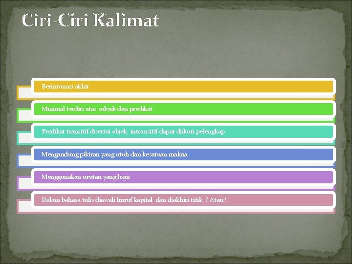 Ciri-Ciri Kalimat Berintonasi akhir Minimal terdiri atas subjek dan predikat Predikat transitif disertai objek,