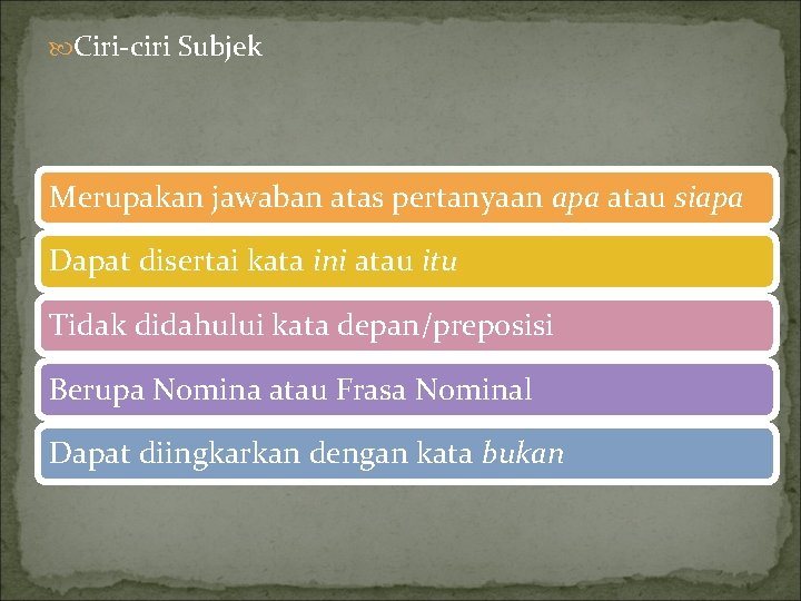  Ciri-ciri Subjek Merupakan jawaban atas pertanyaan apa atau siapa Dapat disertai kata ini