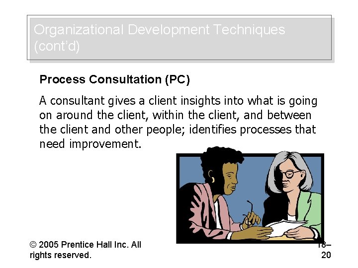 Organizational Development Techniques (cont’d) Process Consultation (PC) A consultant gives a client insights into
