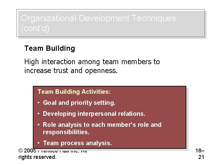 Organizational Development Techniques (cont’d) Team Building High interaction among team members to increase trust