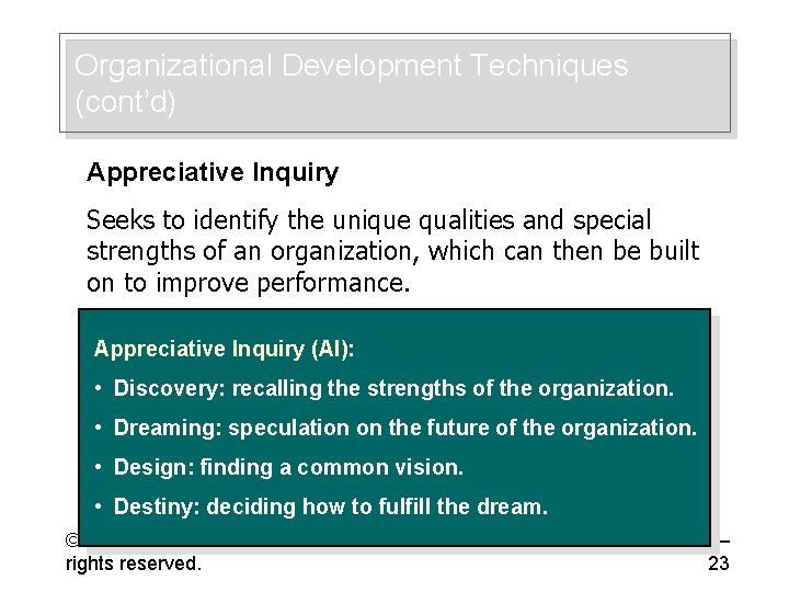 Organizational Development Techniques (cont’d) Appreciative Inquiry Seeks to identify the unique qualities and special