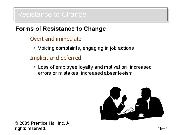 Resistance to Change Forms of Resistance to Change – Overt and immediate • Voicing