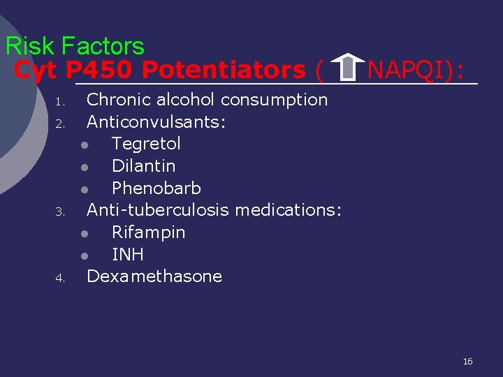 Risk Factors Cyt P 450 Potentiators ( 1. 2. 3. 4. NAPQI): Chronic alcohol