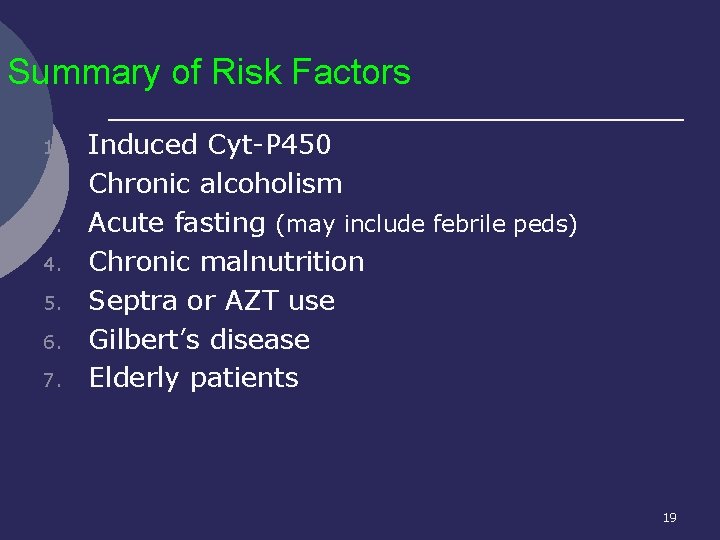 Summary of Risk Factors 1. 2. 3. 4. 5. 6. 7. Induced Cyt-P 450