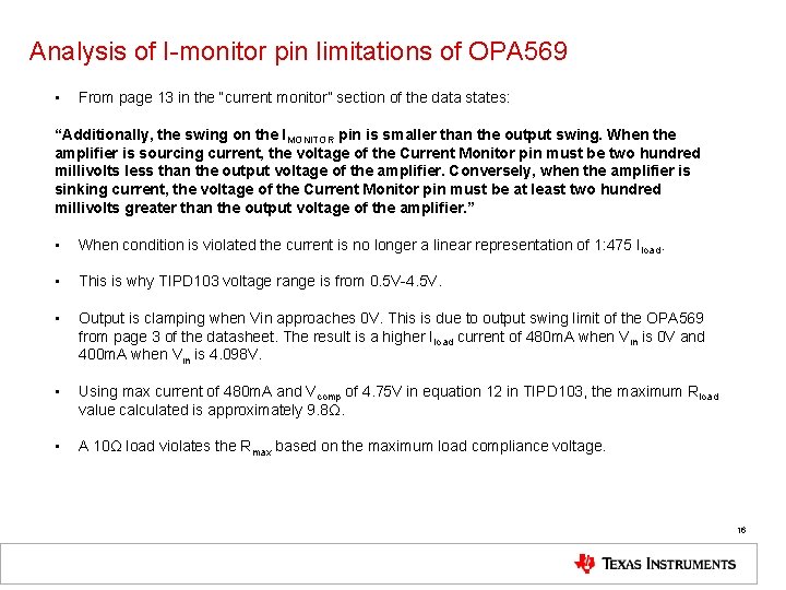 Analysis of I-monitor pin limitations of OPA 569 • From page 13 in the