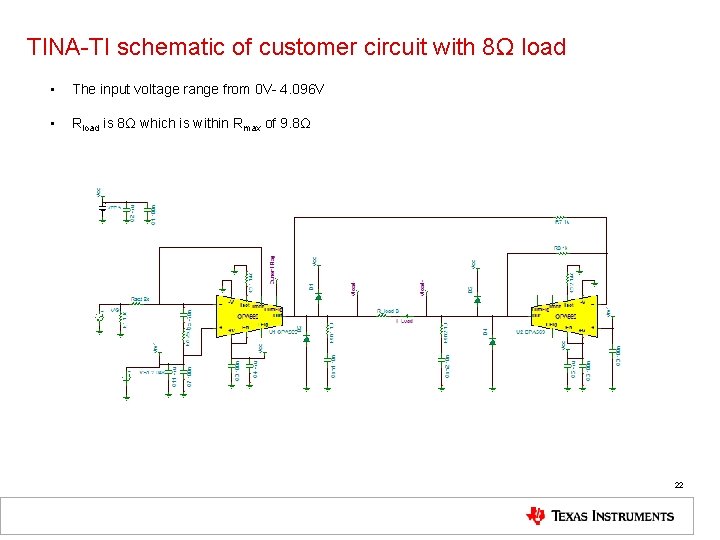 TINA-TI schematic of customer circuit with 8Ω load • The input voltage range from