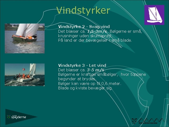 Vindstyrker Vindstyrke 2 - Svag vind Det blæser ca. 1, 5 -3 m/s. Bølgerne