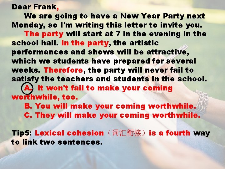 Dear Frank, We are going to have a New Year Party next Monday, so