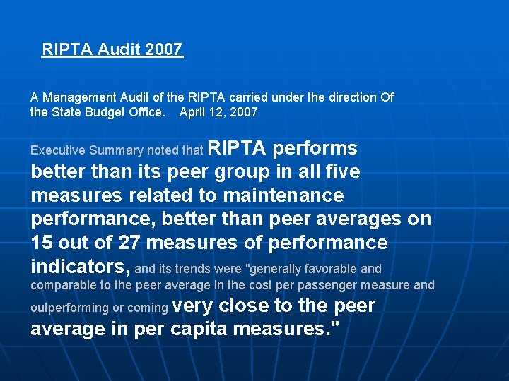 RIPTA Audit 2007 A Management Audit of the RIPTA carried under the direction Of