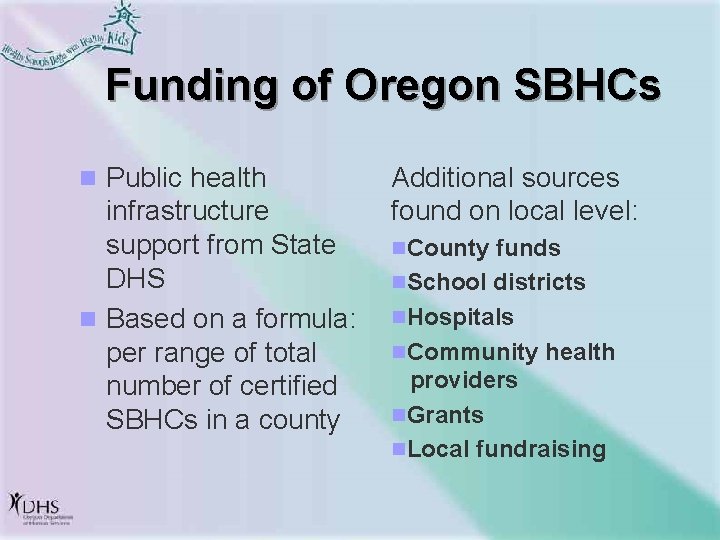 Funding of Oregon SBHCs n Public health infrastructure support from State DHS n Based