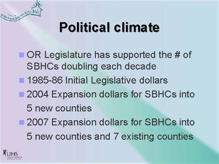 Political climate n OR Legislature has supported the # of SBHCs doubling each decade